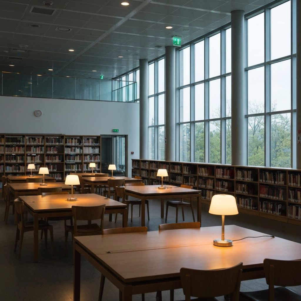 Ruang baca institusional yang tenang dengan cahaya natural