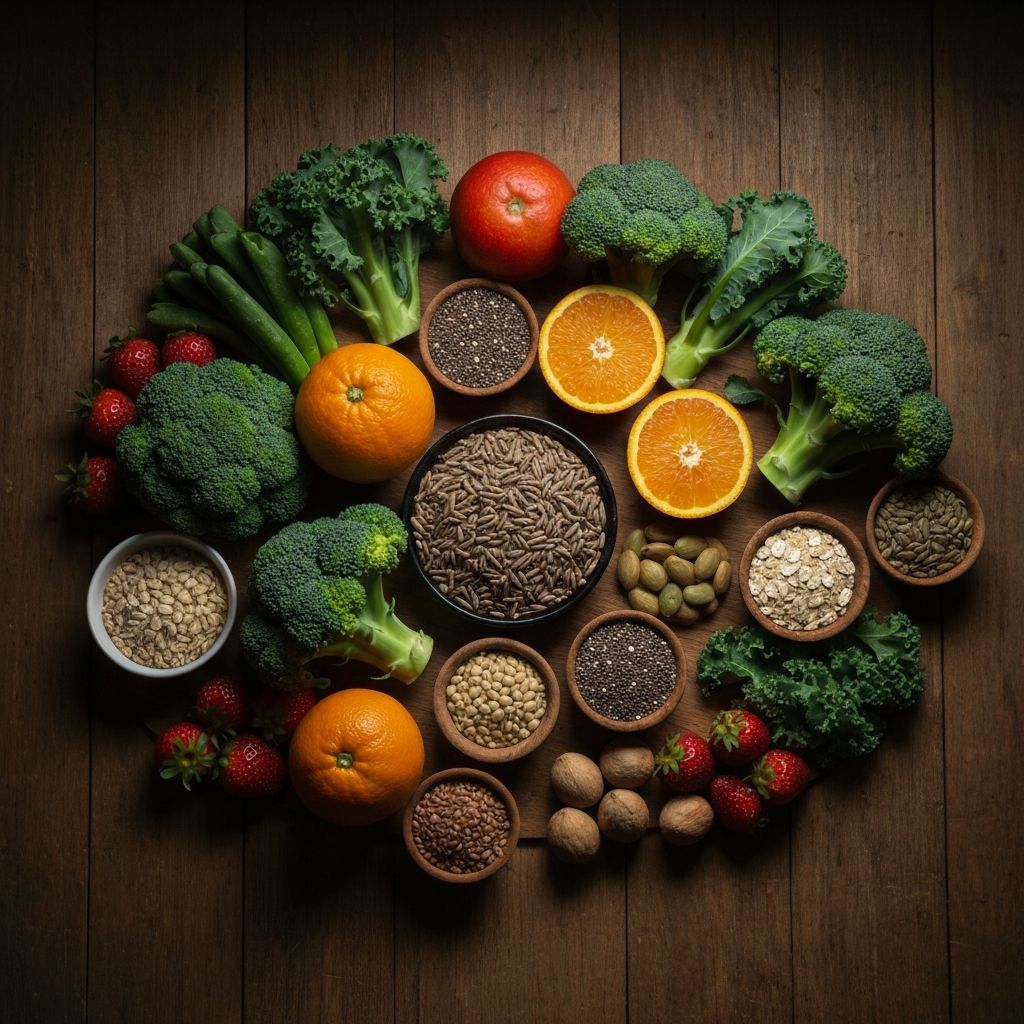 Berbagai makanan bergizi segar di atas meja kayu